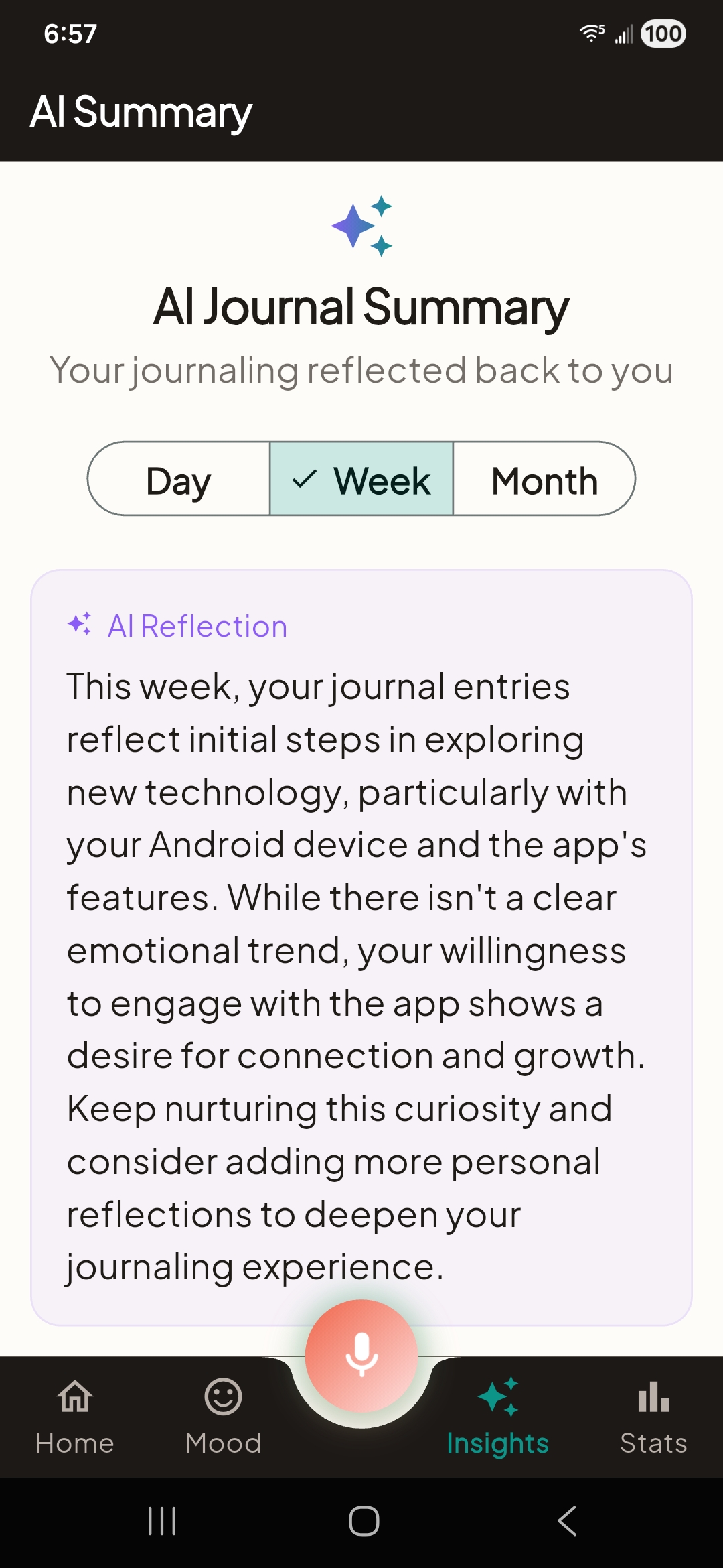AI journal summary with weekly insights