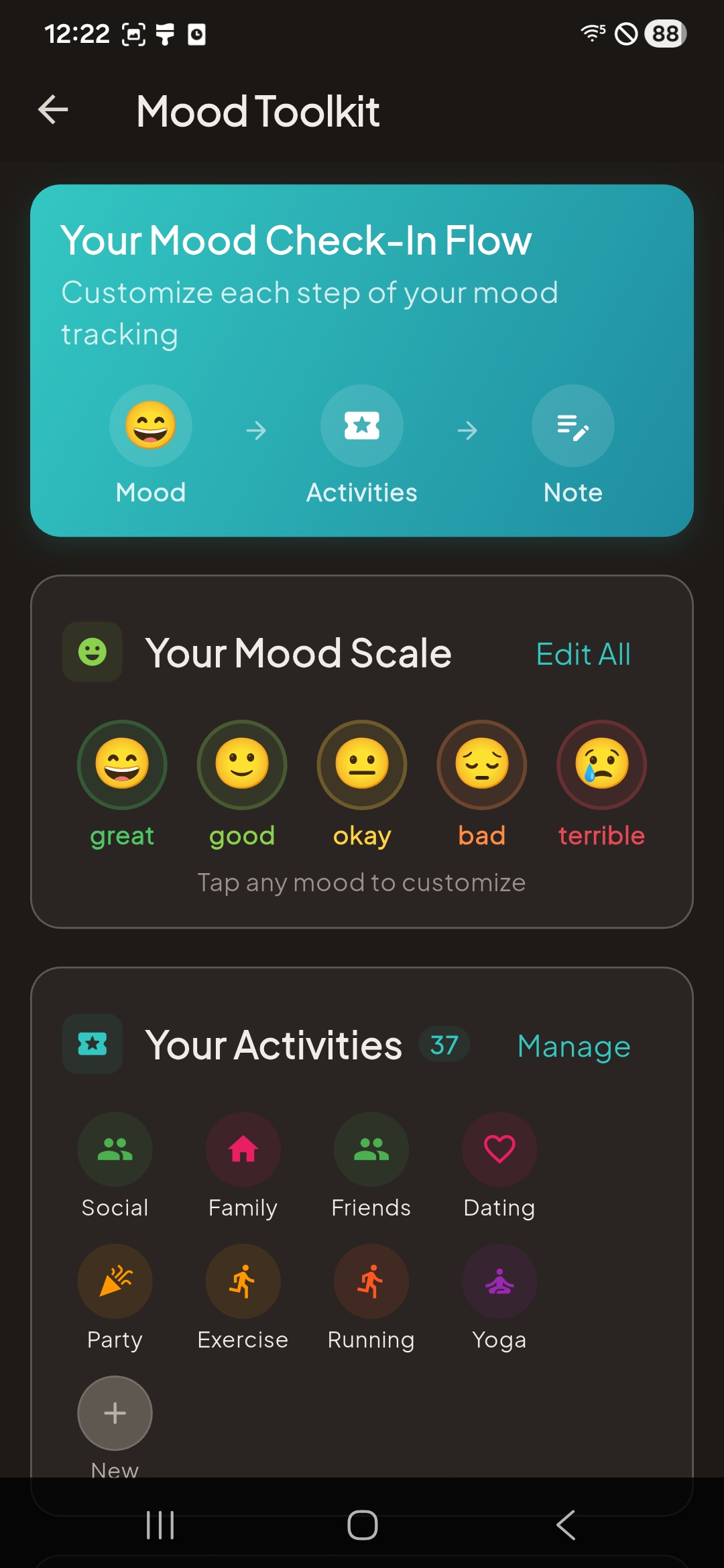 Mood toolkit with custom scales and activities